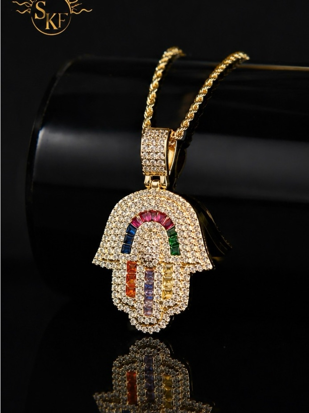 Hamsa Hand Rainbow CZ Pendant Necklace 18” Gold Plated Protection Charm